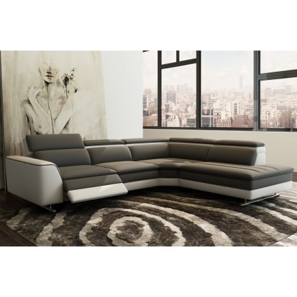 Canapé d'angle en cuir italien 5/6 places RELAXIMO, gris foncé et blanc, angle droit