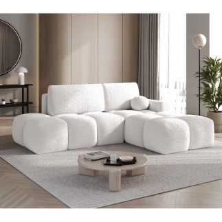 Canapé d'angle convertible en tissu bouclette blanc cassé 3-4 places, VITANO , angle droit