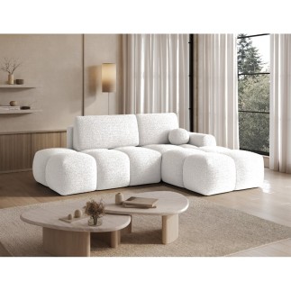 Canapé d'angle convertible en tissu bouclette blanc cassé 3-4 places, VITANO , angle droit