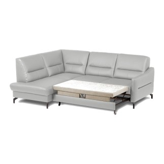 Canapé d'angle convertible en cuir italien luxe 5 places, FARZO, coffre, gris clair, angle gauche
