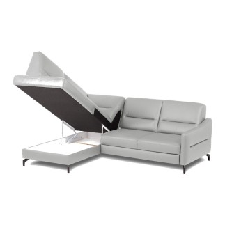 Canapé d'angle convertible en cuir italien luxe 5 places, FARZO, coffre, gris clair, angle gauche