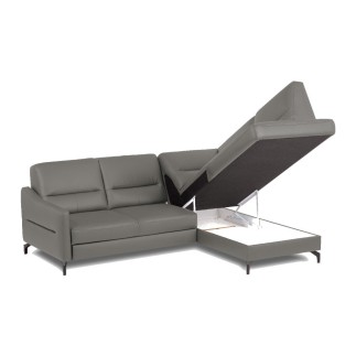 Canapé d'angle convertible en cuir italien luxe 5 places, FARZO, coffre, gris foncé, angle droit