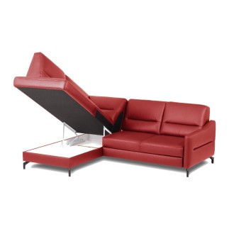 Canapé d'angle convertible en cuir italien luxe 5 places, FARZO, coffre, rouge foncé, angle gauche