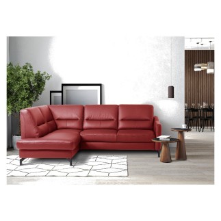 Canapé d'angle convertible en cuir italien luxe 5 places, FARZO, coffre, rouge foncé, angle gauche