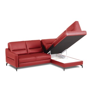 Canapé d'angle convertible en cuir italien luxe 5 places, FARZO, coffre, rouge foncé, angle droit