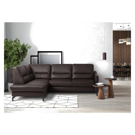 Canapé d'angle convertible en cuir italien luxe 5 places, FARZO, coffre, chocolat, angle gauche