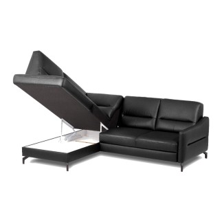 Canapé d'angle convertible en cuir italien luxe 5 places, FARZO, coffre, noir, angle gauche