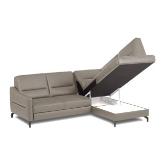 Canapé d'angle convertible en cuir italien luxe 5 places, FARZO, coffre, taupe, angle droit