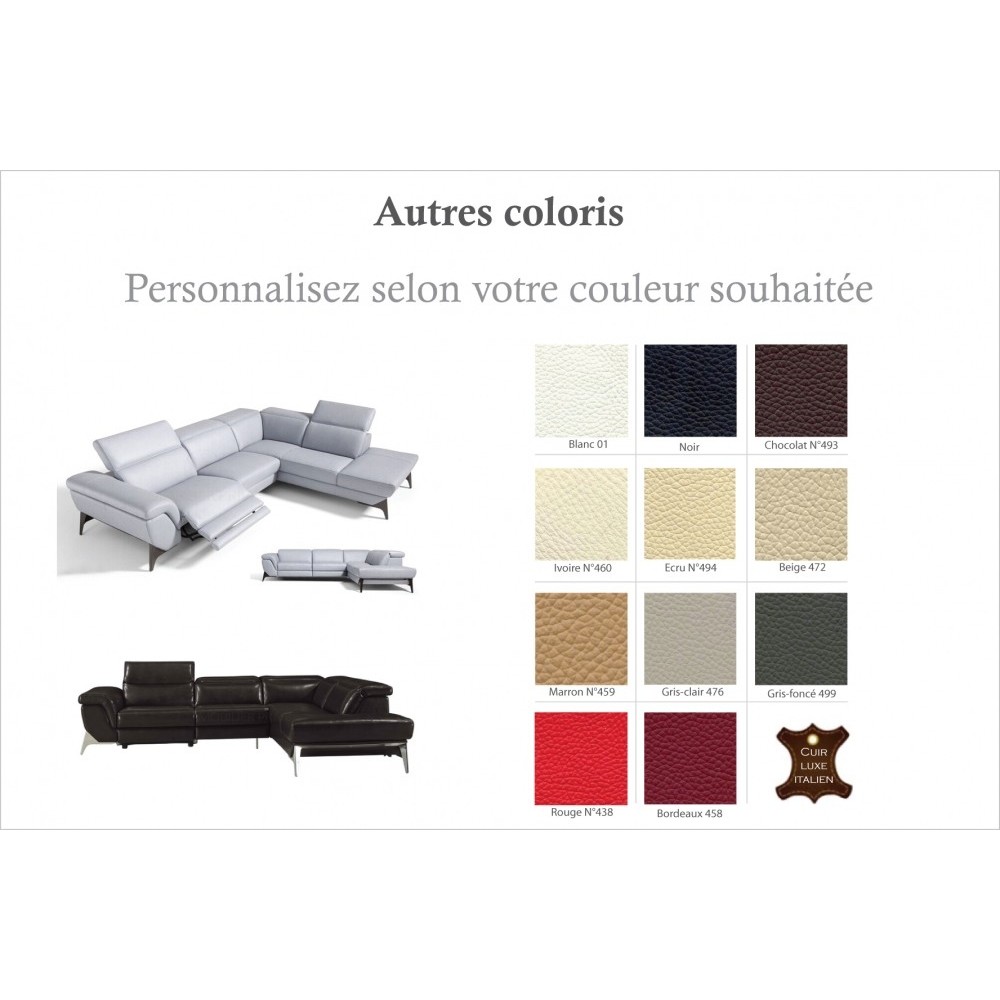 Canapé d'angle fonction relax en cuir italien 5 places CONFORTO, couleur personnalisée, angle droit