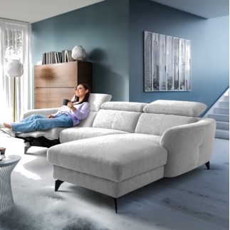 Canapé d'angle relax en tissu de luxe avec relax électrique, 5 places BEROLI, gris clair, angle droit