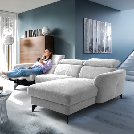 Canapé d'angle relax en tissu de luxe avec relax électrique, 5 places BEROLI, gris clair, angle droit