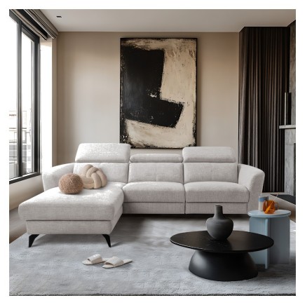 Canapé d'angle relax en tissu de luxe avec relax électrique, 5 places BEROLI, beige clair, angle gauche