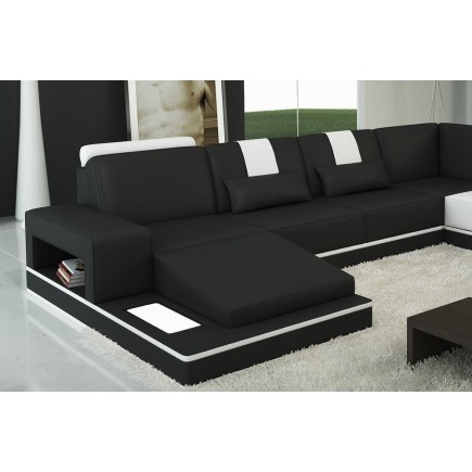 Canapé d'angle en cuir italien 6/7 places SUBLIMO, noir et blanc, angle droit