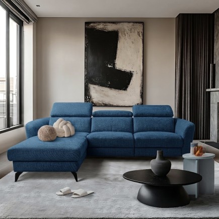 Canapé d'angle relax en tissu de luxe avec relax électrique, 5 places BEROLI, bleu, angle gauche