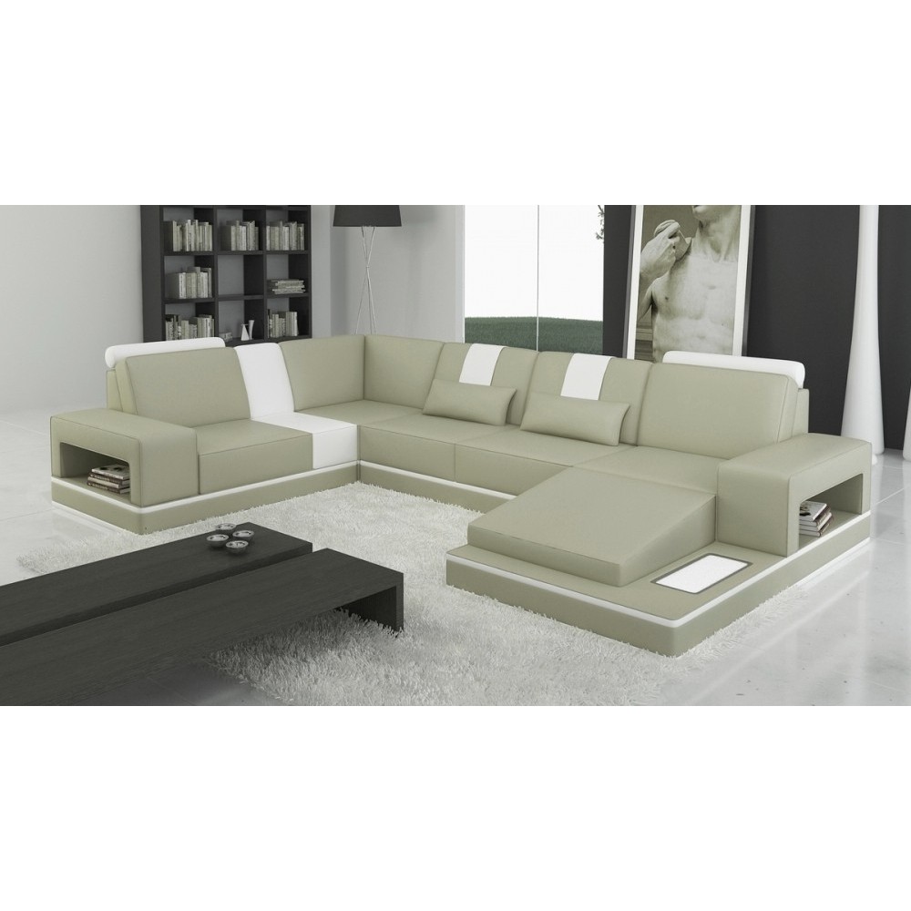 Canapé d'angle en cuir italien 6/7 places SUBLIMO, gris clair et blanc, angle gauche Canapé d'angle en cuir italien 6/7 places SUBLIMO, gris clair et blanc, angle gauche