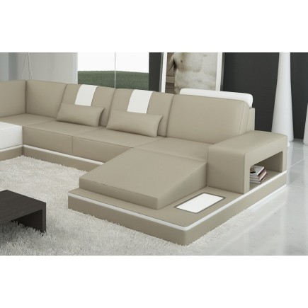 Canapé d'angle en cuir italien 6/7 places SUBLIMO, gris clair et blanc, angle gauche