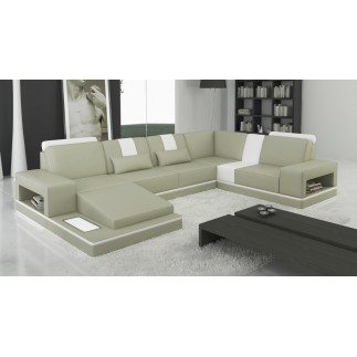 Canapé d'angle en cuir italien 6/7 places SUBLIMO, gris clair et blanc