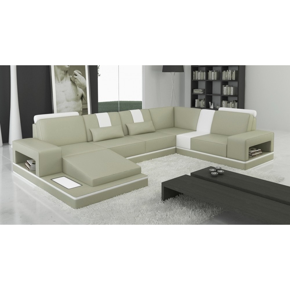 Canapé d'angle en cuir italien 6/7 places SUBLIMO, gris clair et blanc, angle droit Canapé d'angle en cuir italien 6/7 places SUBLIMO, gris clair et blanc, angle droit