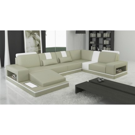 Canapé d'angle en cuir italien 6/7 places SUBLIMO, gris clair et blanc