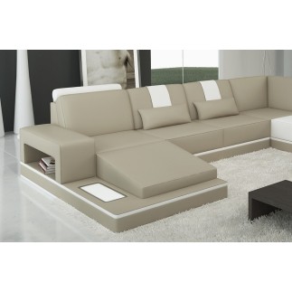 Canapé d'angle en cuir italien 6/7 places SUBLIMO, gris clair et blanc, angle droit