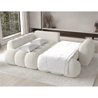 Canapé d'angle convertible en tissu bouclette blanc cassé 3-4 places, CORSO, angle gauche