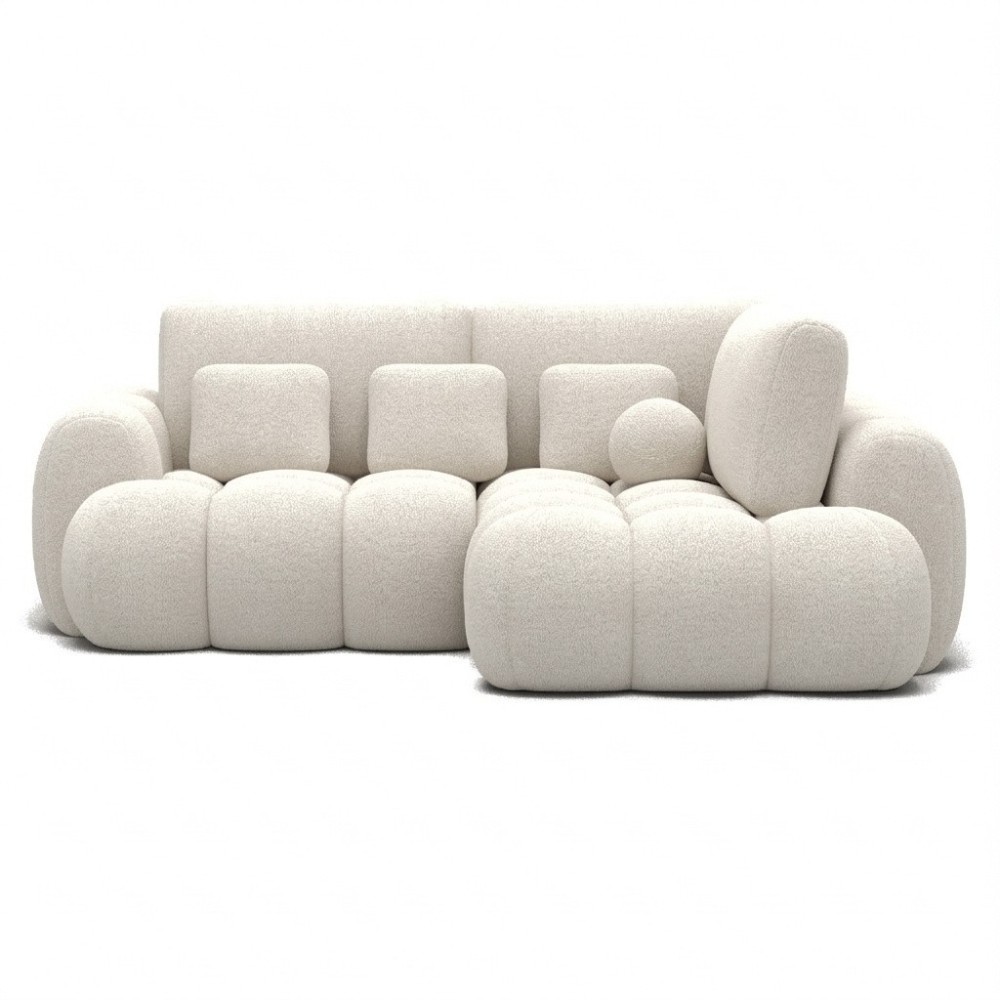 Canapé d'angle convertible en tissu bouclette blanc cassé 3-4 places, CORSO, angle droit