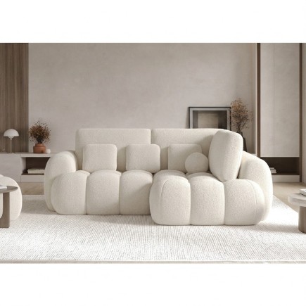 Canapé d'angle convertible en tissu bouclette blanc cassé 3-4 places, CORSO, angle droit
