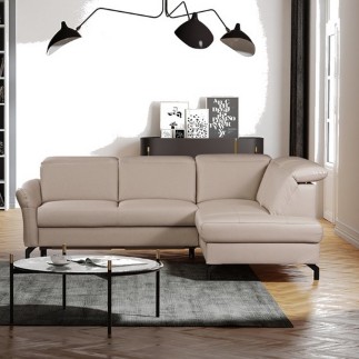 Canapé d'angle convertible en cuir italien luxe 5 places, BAROLO, coffre, gris clair, angle droit