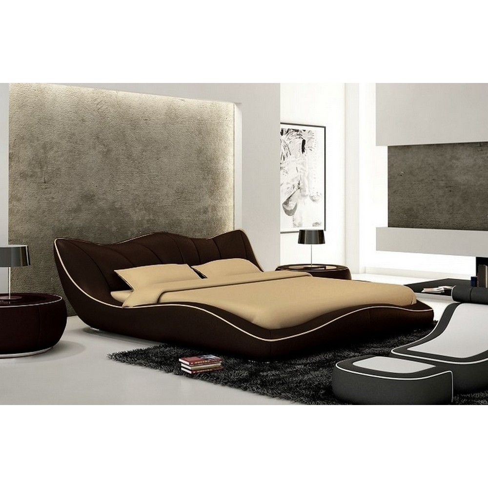 Lit en cuir italien de luxe LUXEN, chocolat et liseret beige, 180x200