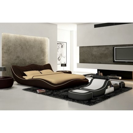 Lit en cuir italien de luxe LUXEN, chocolat et liseret beige, 180x200