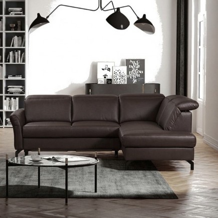 Canapé d'angle convertible en cuir italien luxe 4-5 places, BAROLO, coffre, chocolat, angle droit