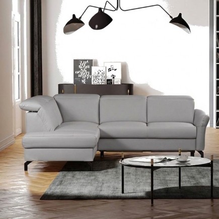 Canapé d'angle convertible en cuir italien luxe 4-5 places, BAROLO, coffre, gris clair, angle gauche