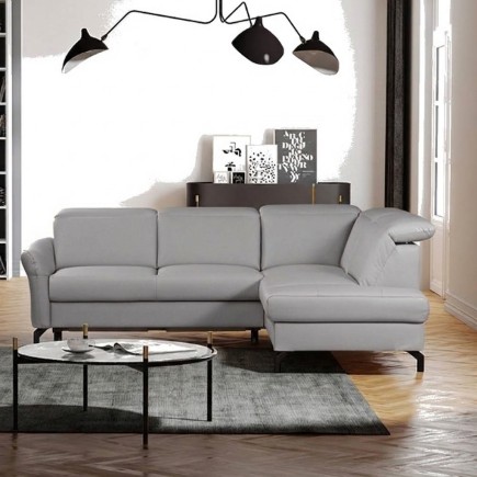 Canapé d'angle convertible en cuir italien luxe 4-5 places, BAROLO, coffre, gris clair, angle droit