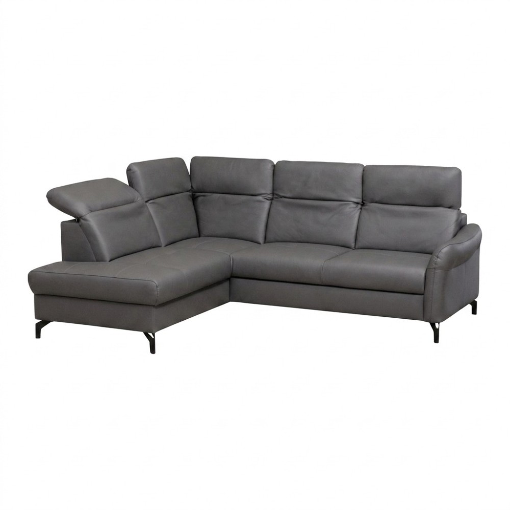Canapé d'angle convertible en cuir italien luxe 4-5 places, BAROLO, coffre, gris foncé, angle gauche