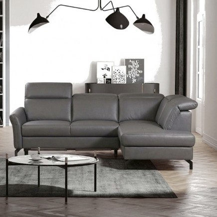 Canapé d'angle convertible en cuir italien luxe 4-5 places, BAROLO, coffre, gris foncé, angle droit