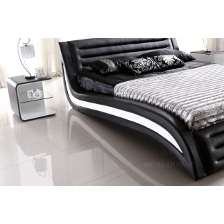 Lit en cuir italien de luxe NOCTURA, noir et liseret blanc 180x200