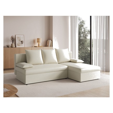 Canapé d'angle convertible - GINI - en velours 3/4 places, beige, réversible