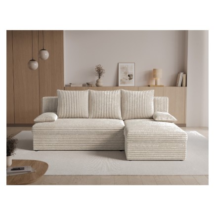 Canapé d'angle convertible - GINI - en velours côtelé 3/4 places, beige, réversible