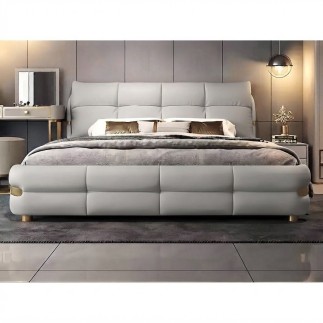 Lit design en cuir italien luxe VARESI avec sommier à lattes inclus, gris clair