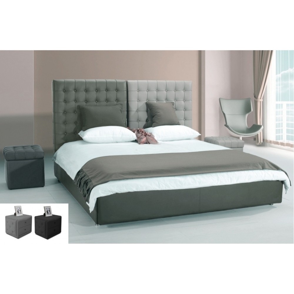 Lit en cuir italien de luxe DUO, gris clair et gris foncé avec 2 chevets ILMA, 140x190 Lit en cuir italien de luxe DUO, gris clair et gris foncé avec 2 chevets ILMA, 140x190