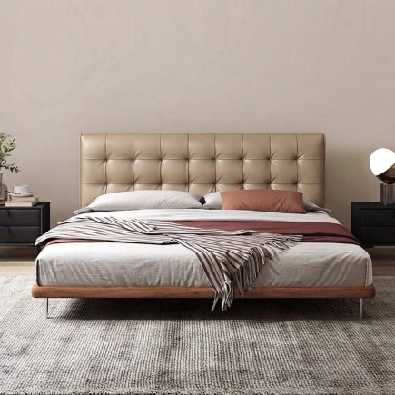 Lit design en cuir italien luxe LIVINO avec sommier à lattes inclus, beige