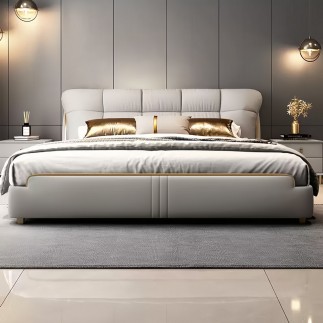 Lit design en cuir italien luxe VENESO avec sommier à lattes inclus, beige