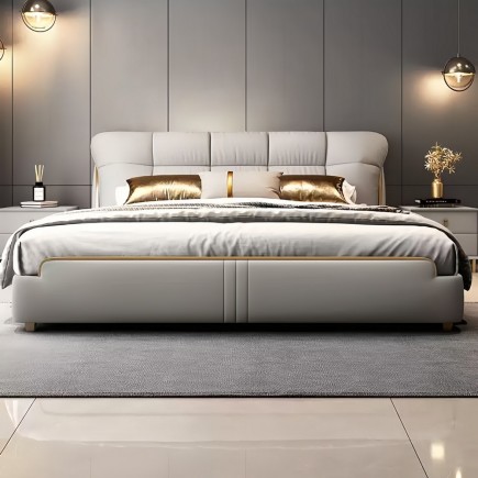 Lit design en cuir italien luxe VENESO avec sommier à lattes inclus, beige