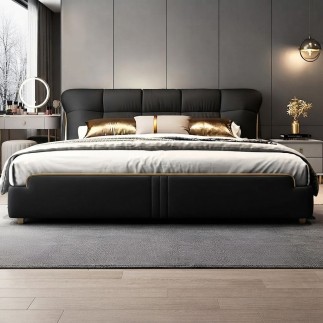 Lit design en cuir italien luxe VENESO avec sommier à lattes inclus, noir