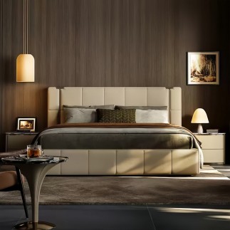 Lit design en cuir italien luxe PALACE avec sommier à lattes inclus, beige