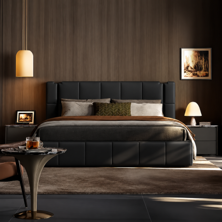 Lit design en cuir italien luxe PALACE avec sommier à lattes inclus, noir