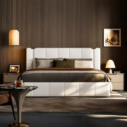 Lit design en cuir italien luxe PALACE avec sommier à lattes inclus, blanc