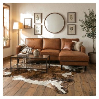 Canapé d'angle convertible cuir italien luxe cognac 4 places, ALAN, coffre, angle droit