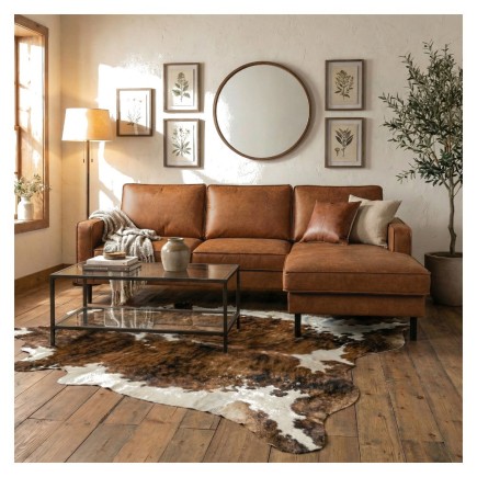 Canapé d'angle convertible cuir italien luxe cognac 4 places, ALAN, coffre, angle droit