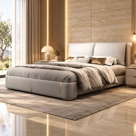 Lit design en cuir italien luxe VARISTO avec sommier à lattes inclus, beige